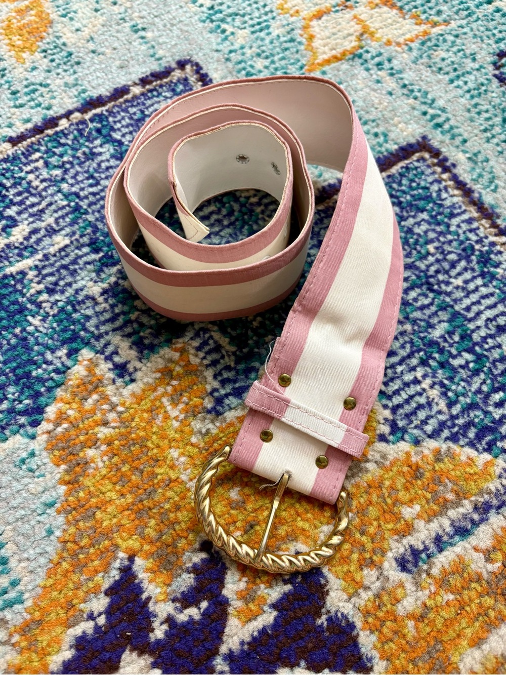 VTG 1980s Striped Pink and White Belt with Gold Rope Buckle